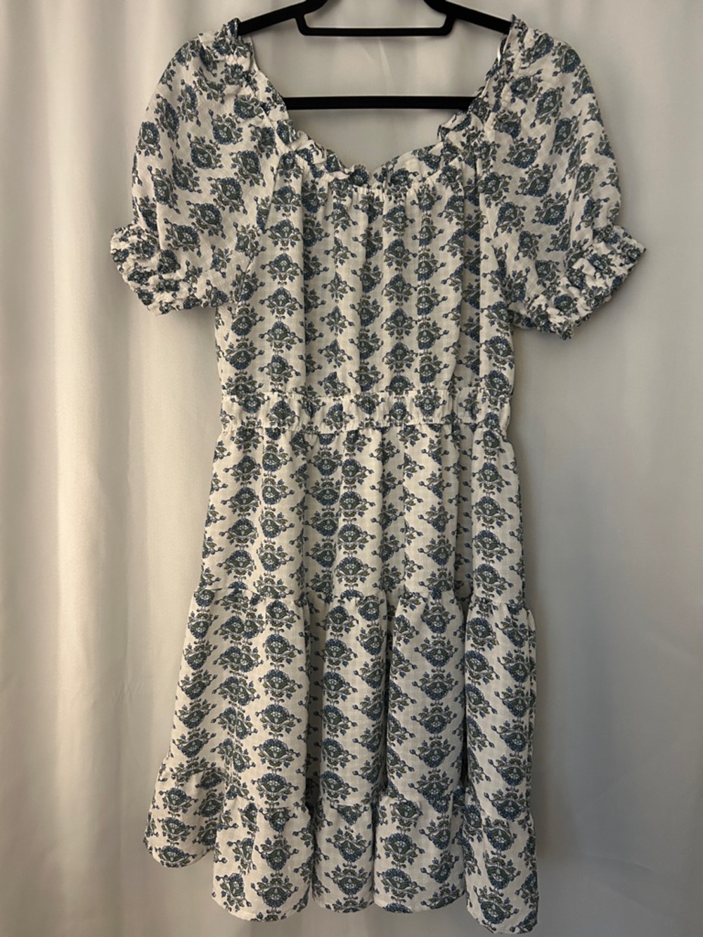 Blue Pepper Floral Mini Dress Puff Sleeve Bow Blue White Floral Tiered Large